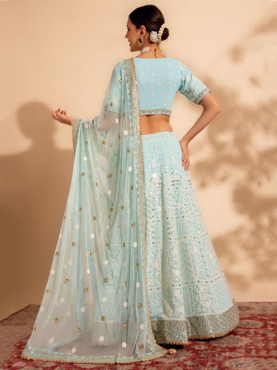 Powder Blue Lakhnavi Thread Work Georgette Lehenga Choli - Back Side