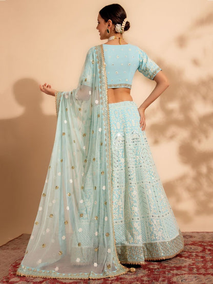 Powder Blue Lakhnavi Thread Work Georgette Lehenga Choli - Back Side