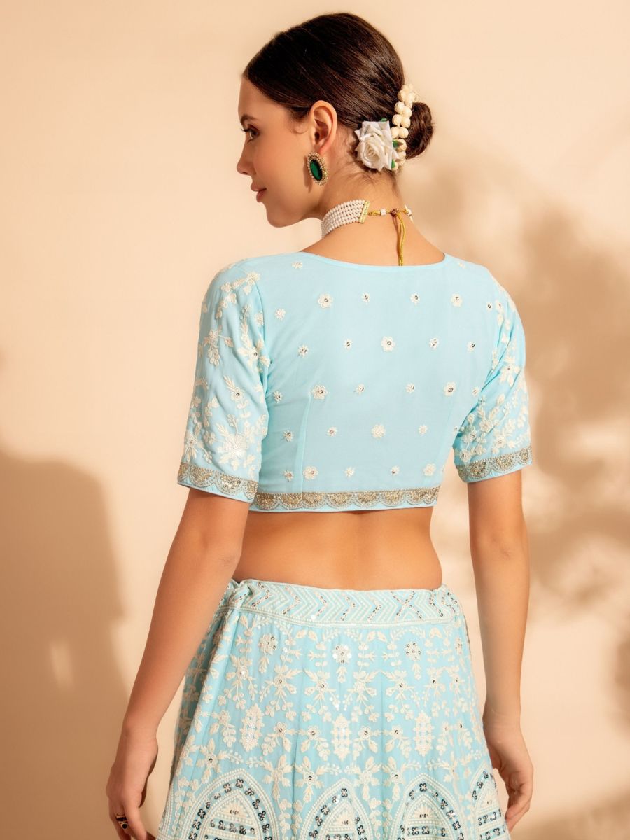 Powder Blue Lakhnavi Thread Work Georgette Lehenga - Blouse Back Neck Design