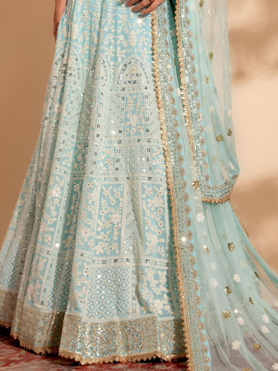 Powder Blue Georgette Lehenga Choli - Lakhnavi Thread Work