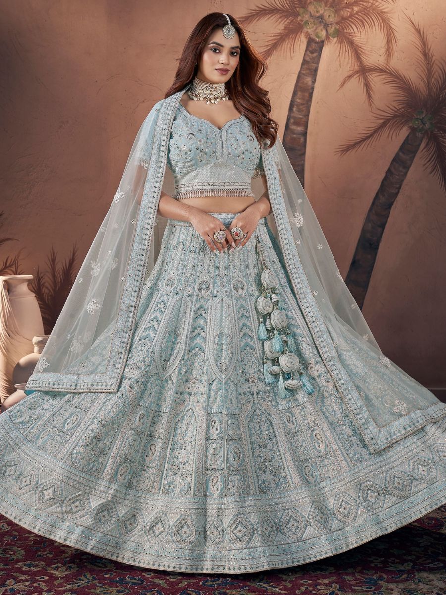 Buy Powder Blue Lakhnavi Work Party Reception Net Lehenga Choli Online - AllThingsAboutWedding