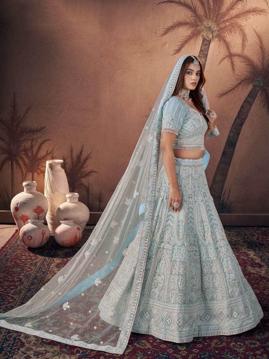 Powder Blue Lakhnavi Work Party Reception Net Lehenga Choli with Dupatta