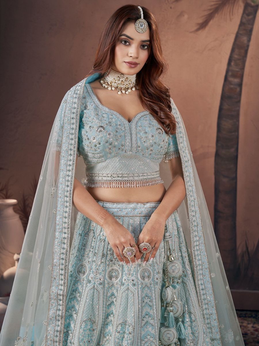 Powder Blue Lakhnavi Work Party Reception Net Lehenga - louse Design