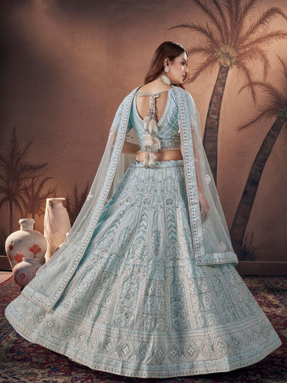 Powder Blue Lakhnavi Work Party Reception Net Lehenga Choli - Back Side