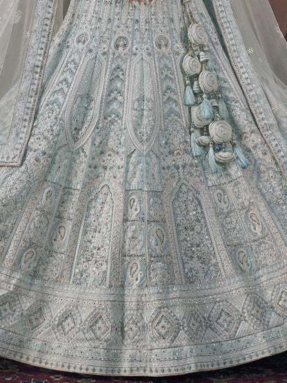 Powder Blue Party Reception Net Lehenga - Lakhnavi Work 