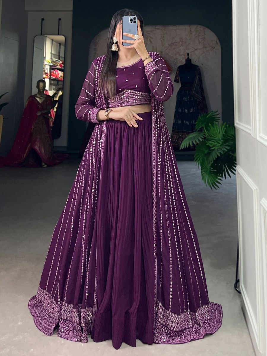 Buy Purple Crushed Georgette Crop Top Lehenga With Jacket Online - AllThingsAboutWedding