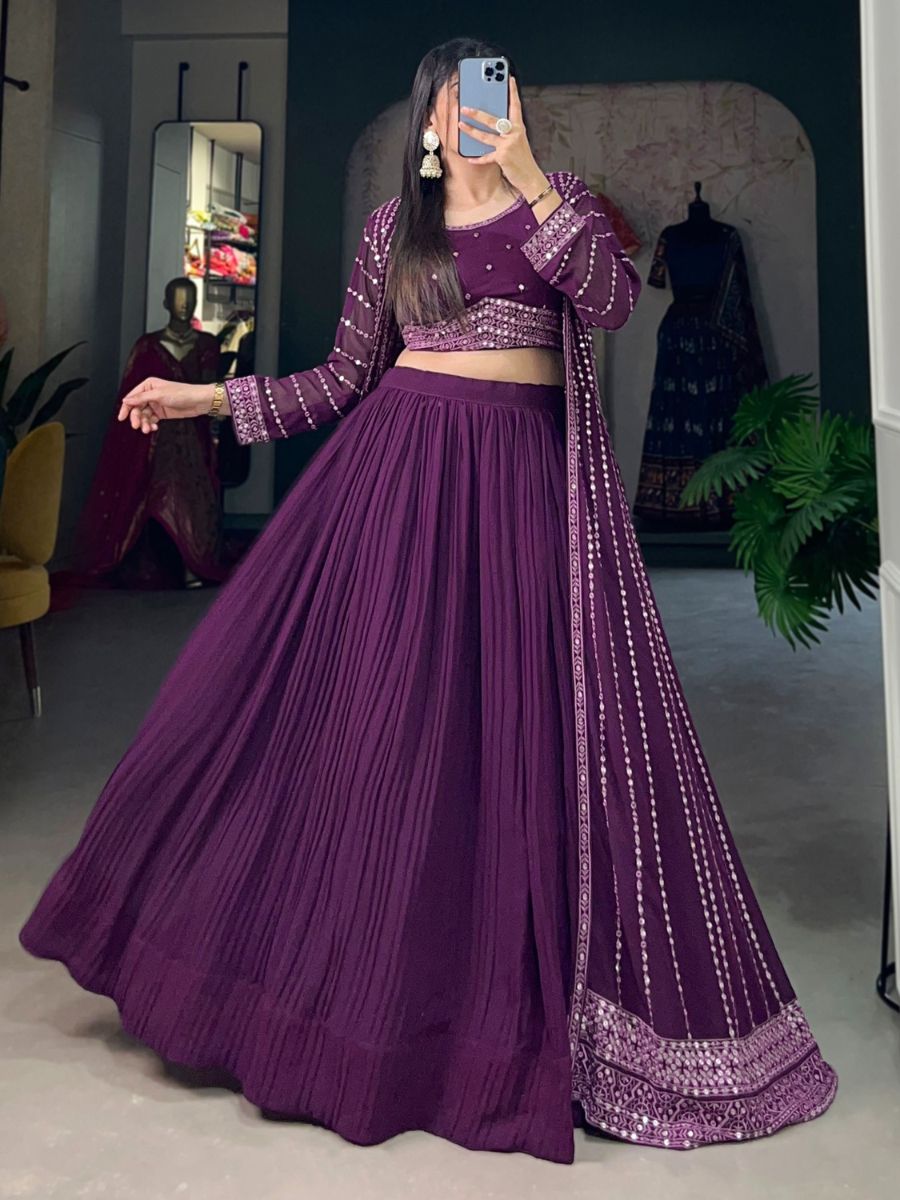 Purple Crushed Georgette Crop Top Lehenga - Flair