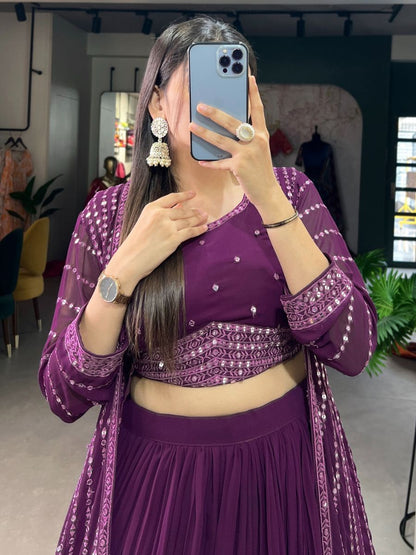 Purple Crushed Georgette Lehenga - Crop Top