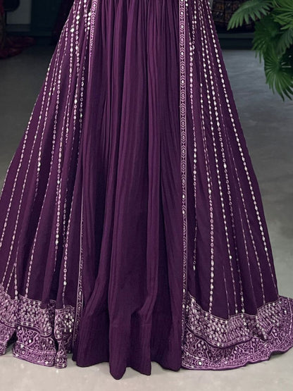 Purple Crushed Georgette Crop Top Lehenga With Jacket - Embroidery Work