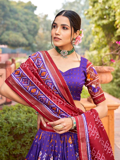 Purple Patola Printed Gharchola Wedding Silk Lehenga - Blouse Front Neck