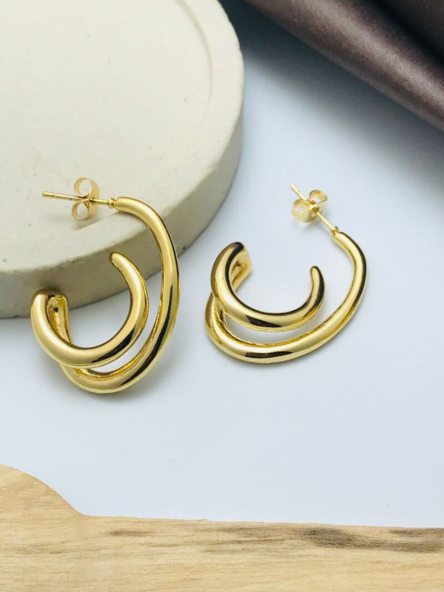 Quirky Golden Plated Double Line Half Hoop Earrings