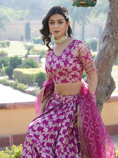 Rani Pink Banarasi Jacquard Silk Wedding Lehenga - Blouse Front Neck