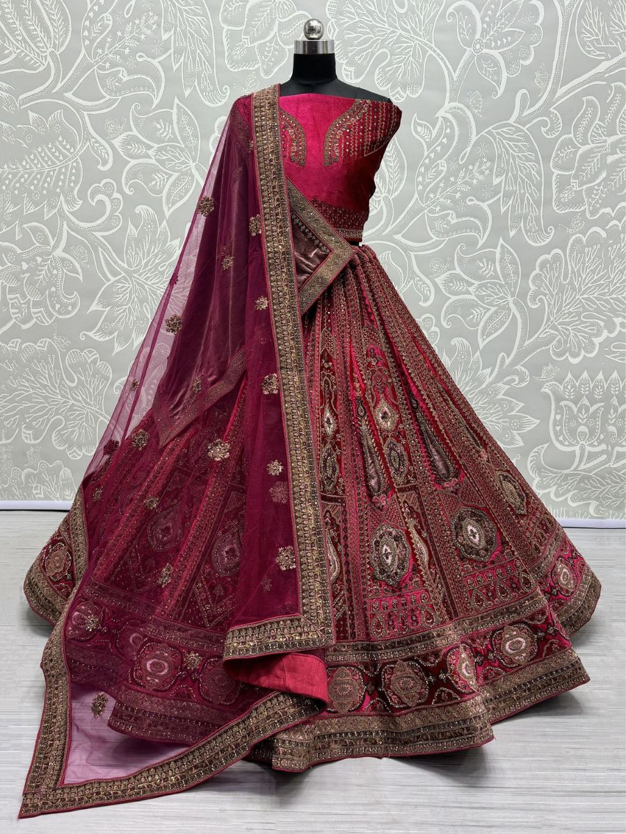 Buy Rani Pink Thread Work Double Dupatta Velvet Bridal Lehenga Choli Online - AllThingsAboutWedding