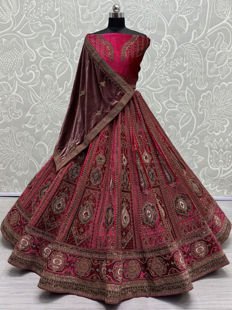 Rani Pink Thread Work Bridal Lehenga Choli with Velvet Dupatta