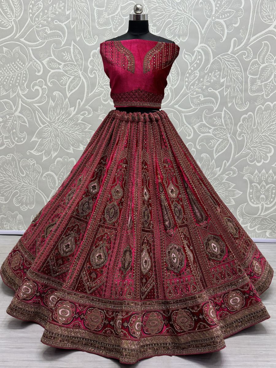 Rani Pink Thread Work Velvet Bridal Lehenga Choli without Dupatta