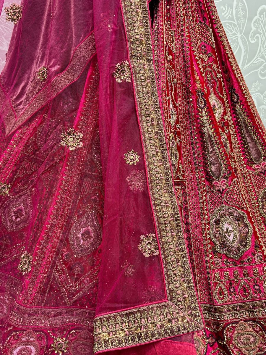 Rani Pink Double Dupatta Velvet Bridal Lehenga Choli - Thread Embroidery