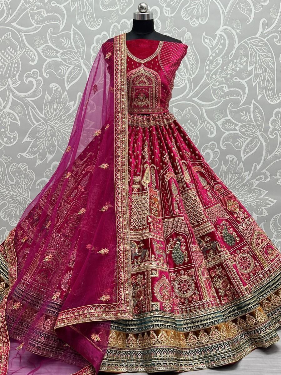 Buy Rani Pink Zari Embroidery Velvet Bridal Wedding Lehenga Choli Online - AllThingsAboutWedding