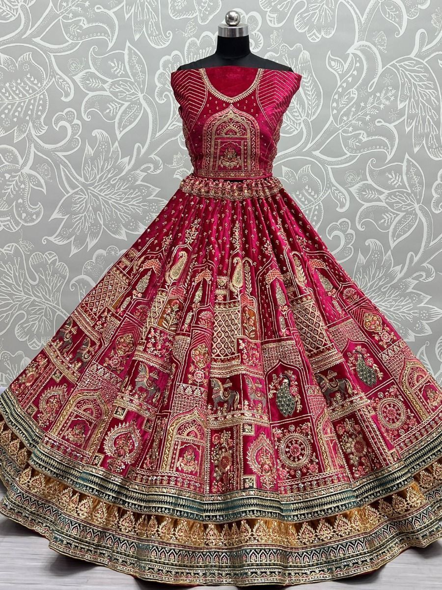 Rani Pink Zari Embroidery Velvet Bridal Wedding Lehenga Choli without Dupatta