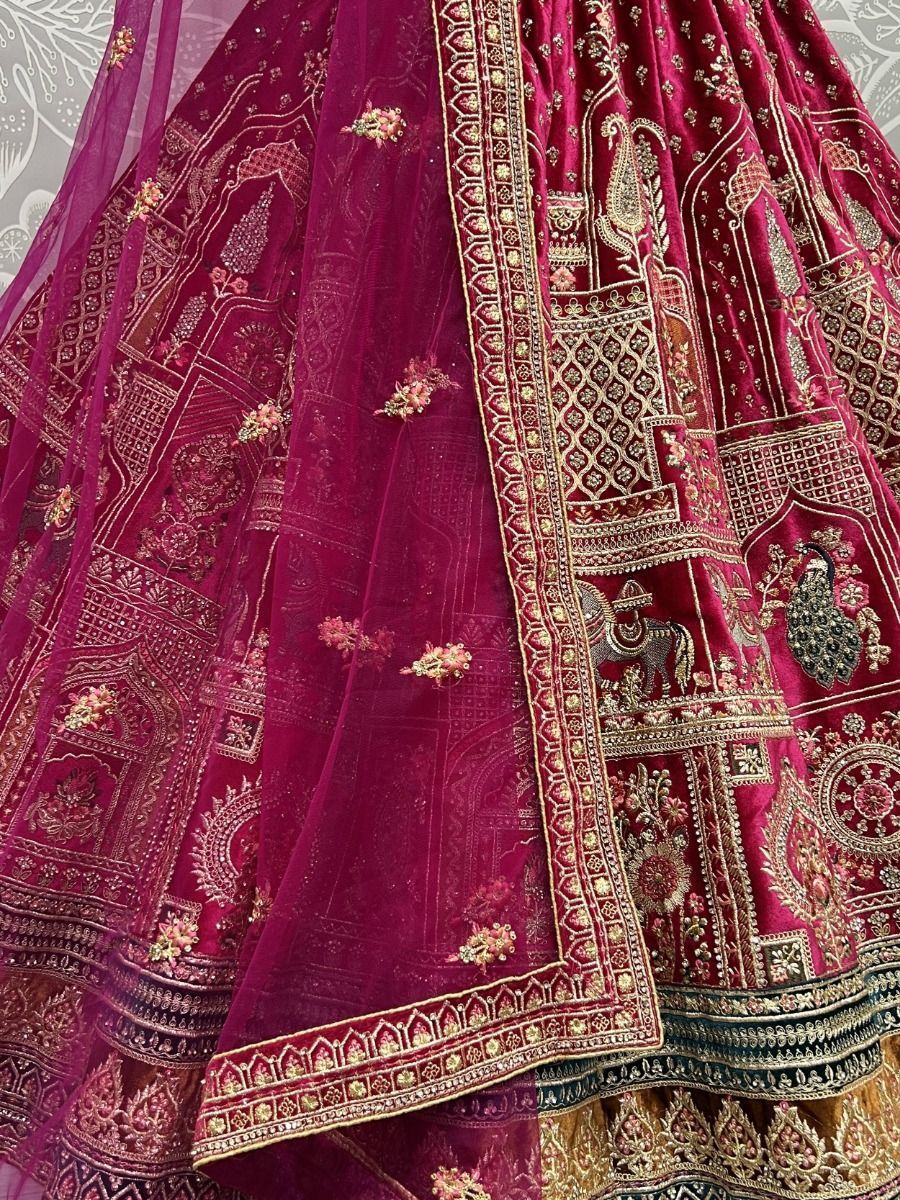 Rani Pink Velvet Bridal Wedding Lehenga Choli - Zari Embroidery