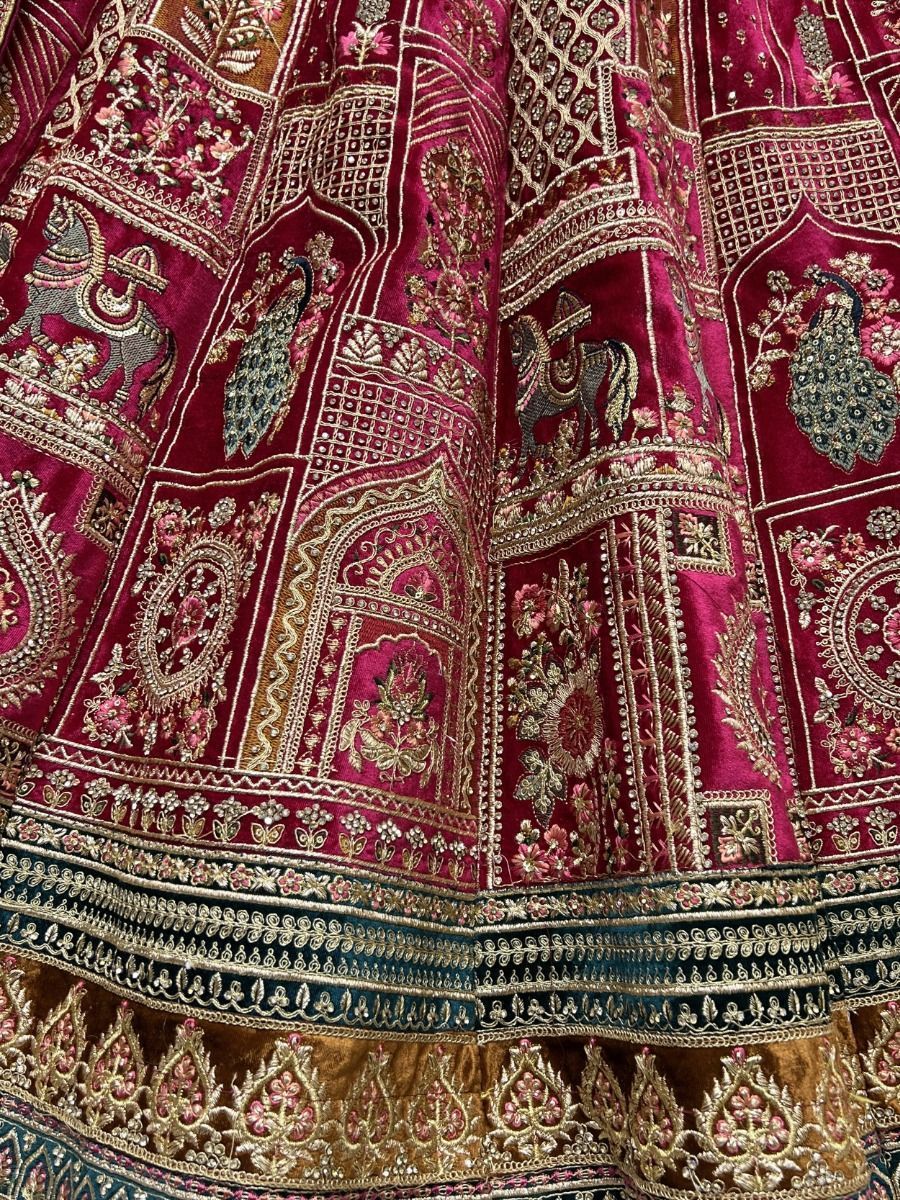 Rani Pink Velvet Bridal Wedding Lehenga Choli - Embroidery Work 