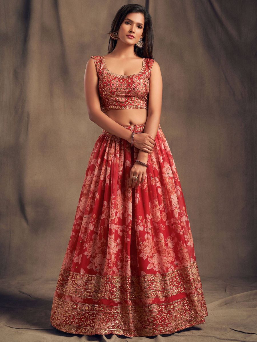 Red Floral Printed Sequins Work Organza Lehenga Choli without Dupatta