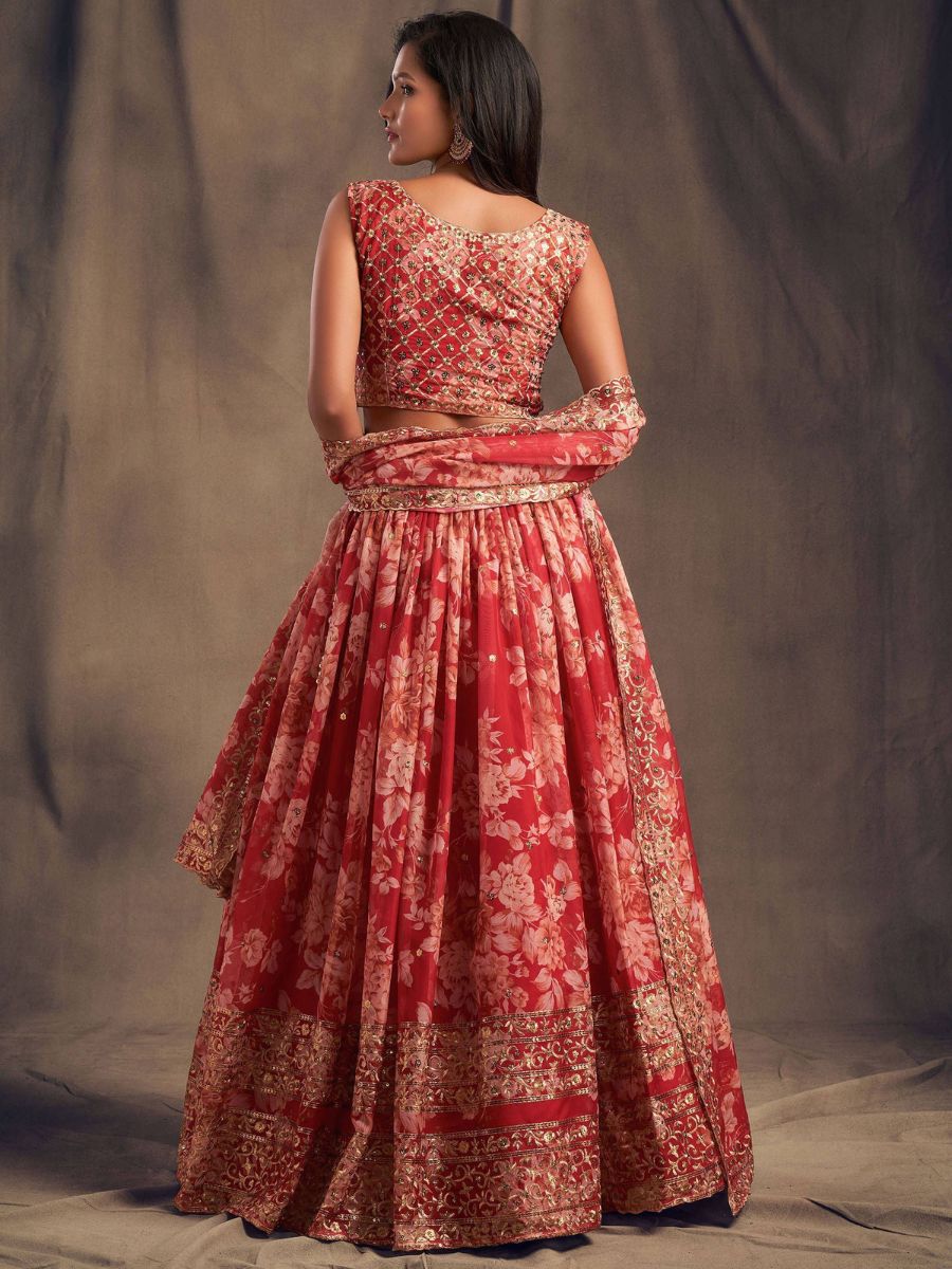 Red Floral Printed Sequins Work Organza Lehenga Choli - Back Side