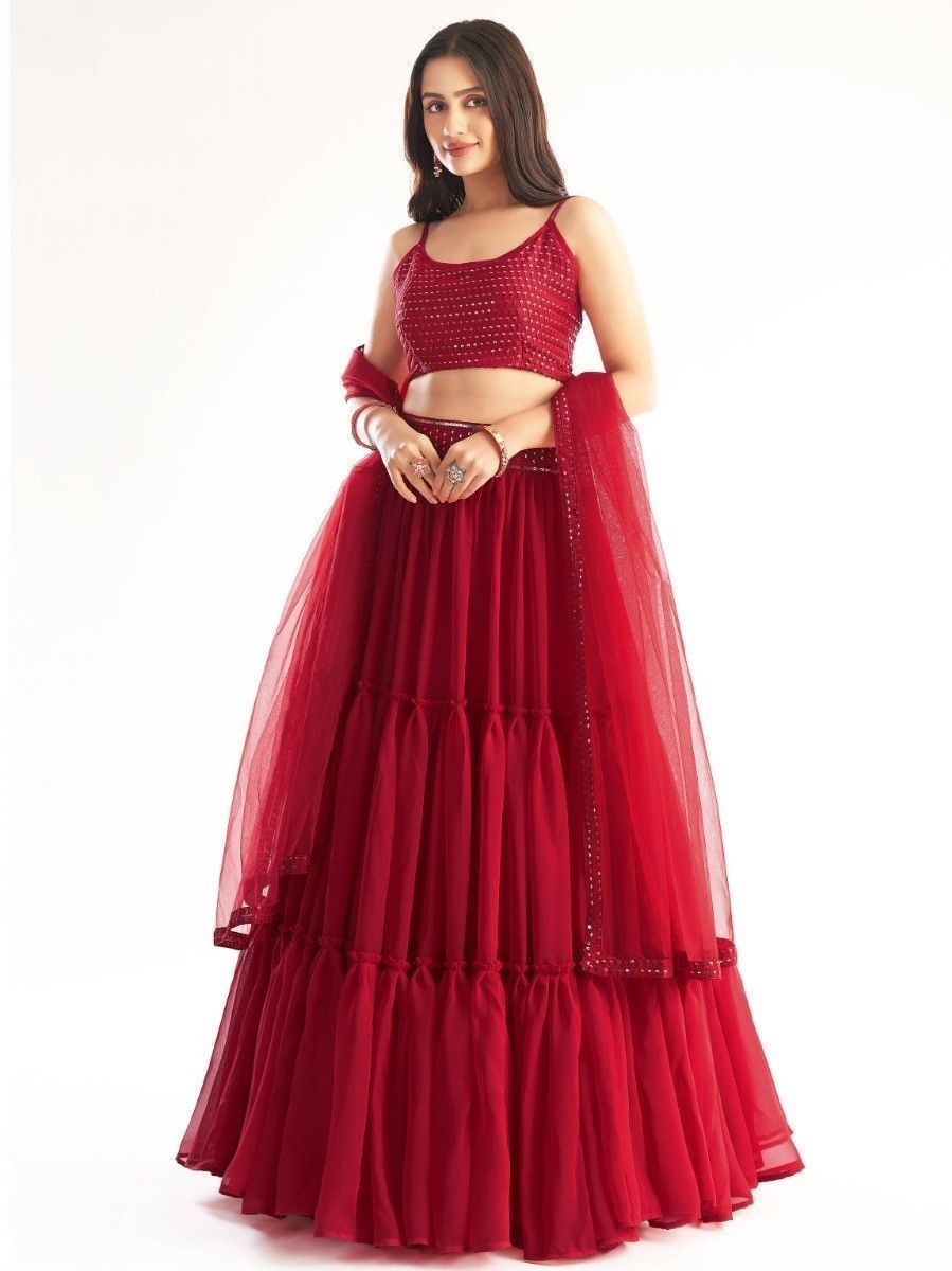 Buy Red Georgette Sequins Work Party Wear Lehenga Choli Online - AllthingsAboutWedding