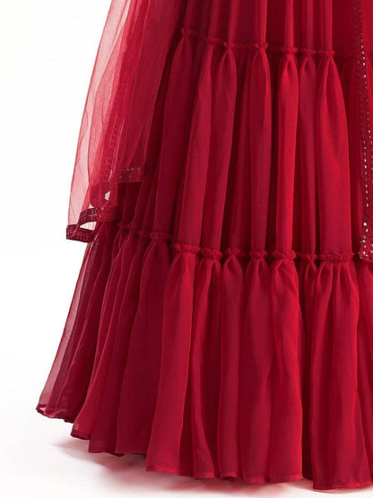 Red Georgette Sequins Work Party Wear Lehenga Choli - Ruffles