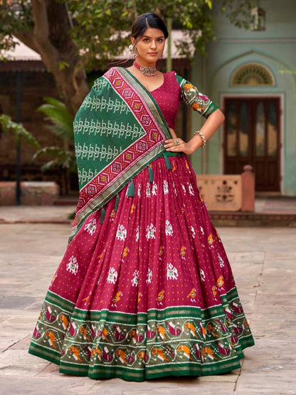 Red Patola Printed Tussar Silk Wedding Lehenga Choli with Dupatta