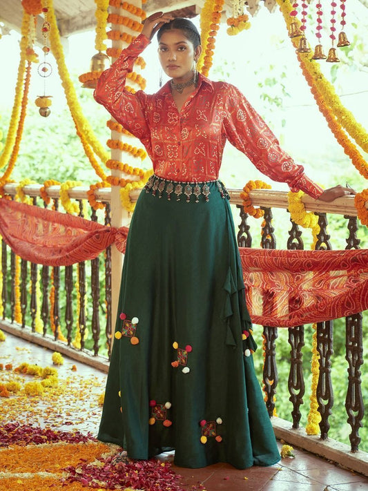 Buy Red and Green Cotton Readymade Navratri Crop Top Lehenga Online - AllThingsABoutWedding