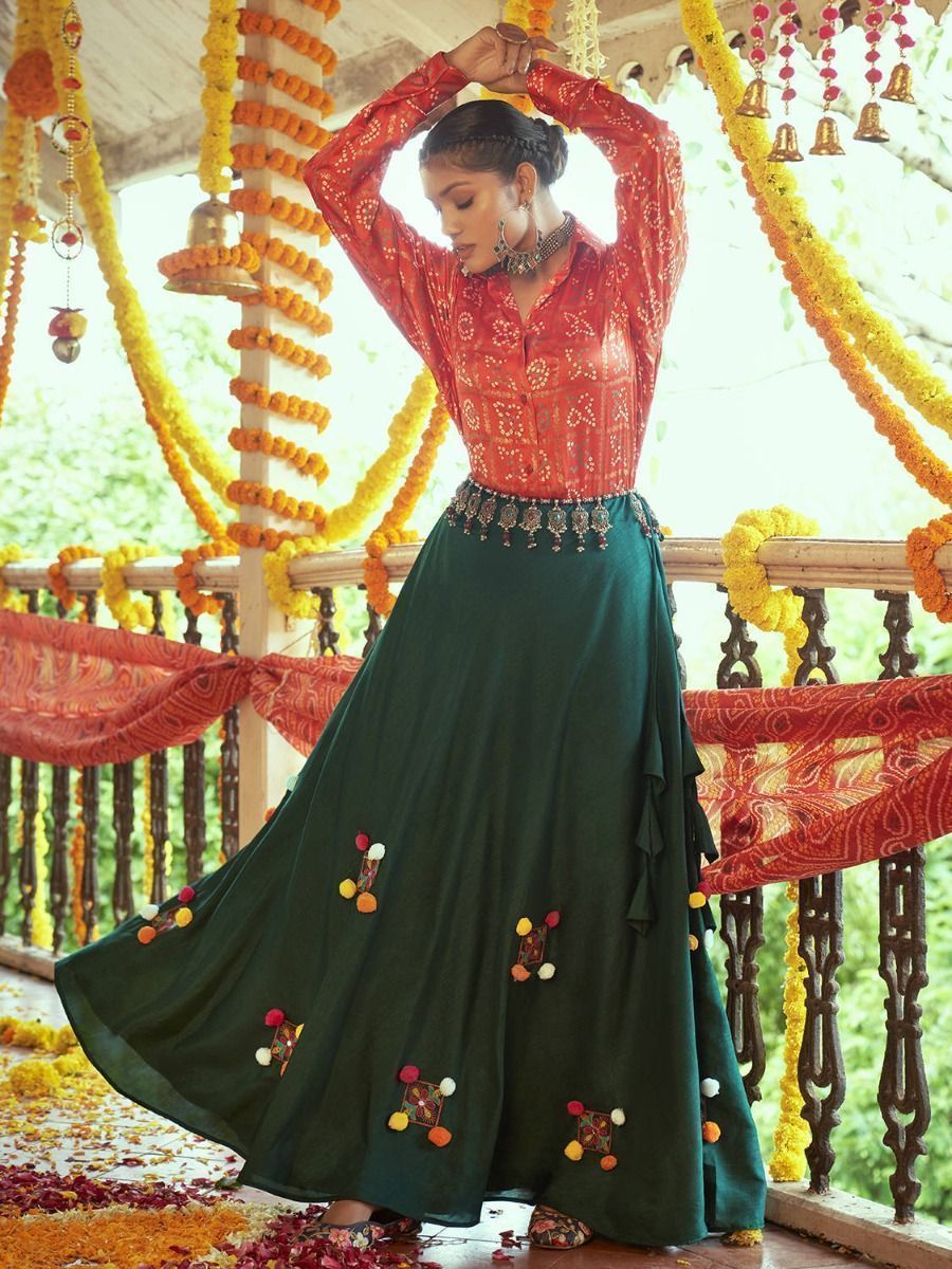 Red and Green Cotton Readymade Navratri Crop Top Lehenga - Flair