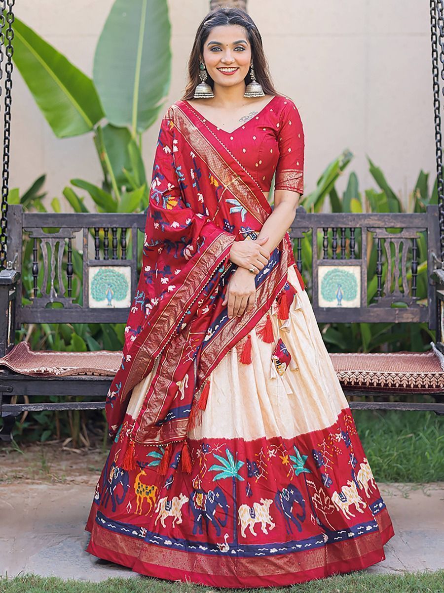 Buy Red and White Digital Printed Dola Silk Navratri Lehenga Choli Online - AllThingsAboutWedding