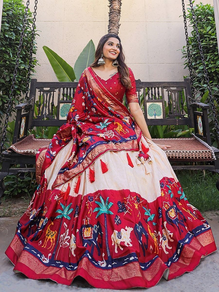 Red and White Digital Printed Dola Silk Navratri Lehenga Choli - Flair