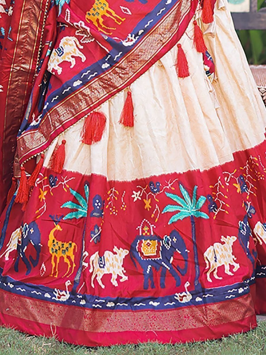 Red and White Dola Silk Navratri Lehenga Choli - Digital Print