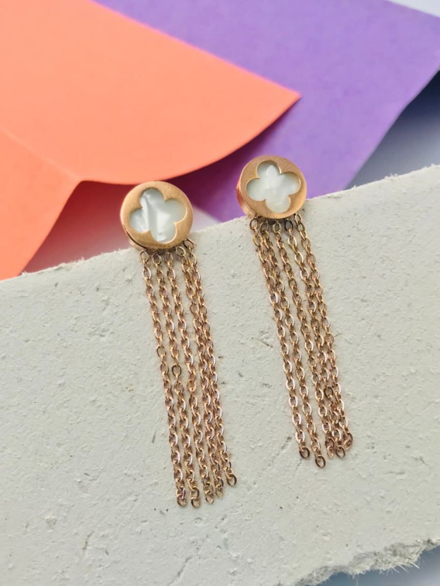 Rose Gold Long Tasselled White Clover Dangler Earrings