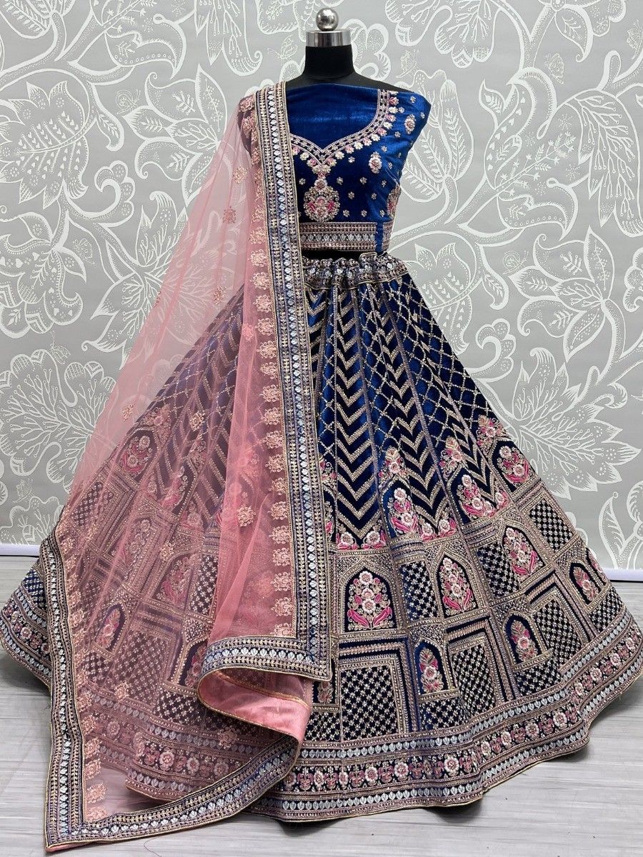 Buy Royal Blue Thread Work Velvet Bridal Wedding Lehenga Choli Online - AllThingsAboutWedding