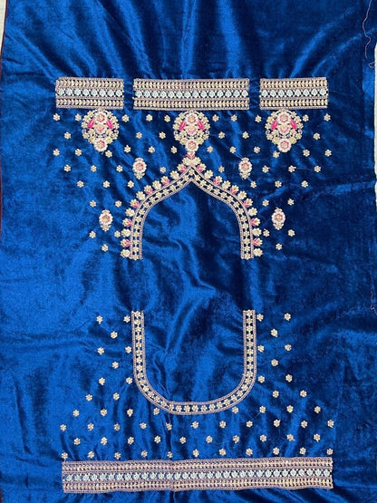 Royal Blue Thread Work Velvet Bridal Wedding Lehenga - Unstitched Blouse Fabric