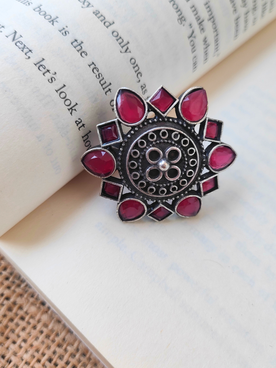 Buy Ruby Red Stone Flower Shaped German Silver Oxidised Big Ring - TheJewelbox