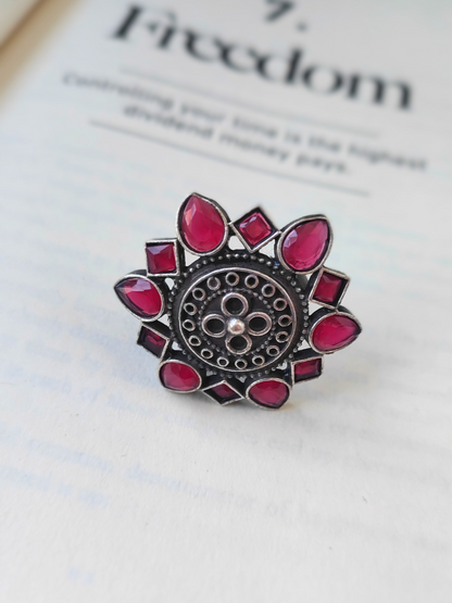 Ruby Red Stone German Silver Oxidised Ring