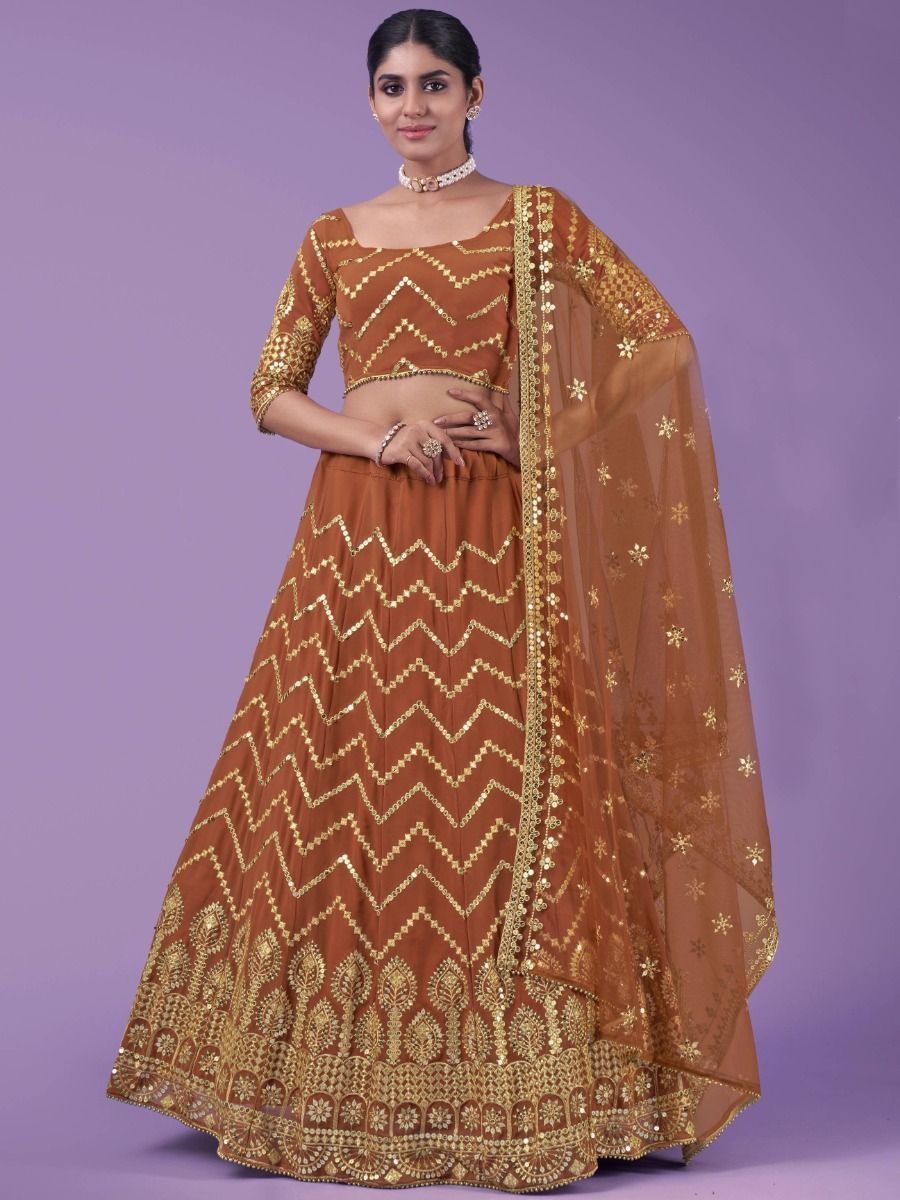 Buy Rust Orange Golden Zari Work Georgette Lehenga Choli Online - AllThingsAboutWedding