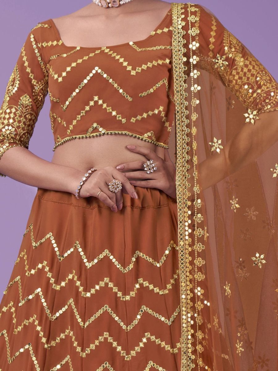 Rust Orange Golden Georgette Lehenga Choli - Zari Work Embroidery