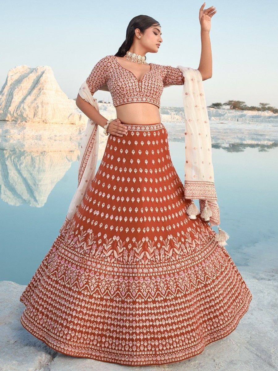 Buy Rust Orange Sequins Work Georgette Wedding Lehenga Choli Online - AllThingsAboutWedding