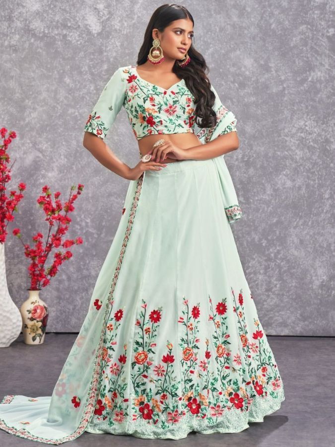 Buy Sea Green Floral Embroidered Georgette Lehenga Choli Online - AllThingsAboutWedding