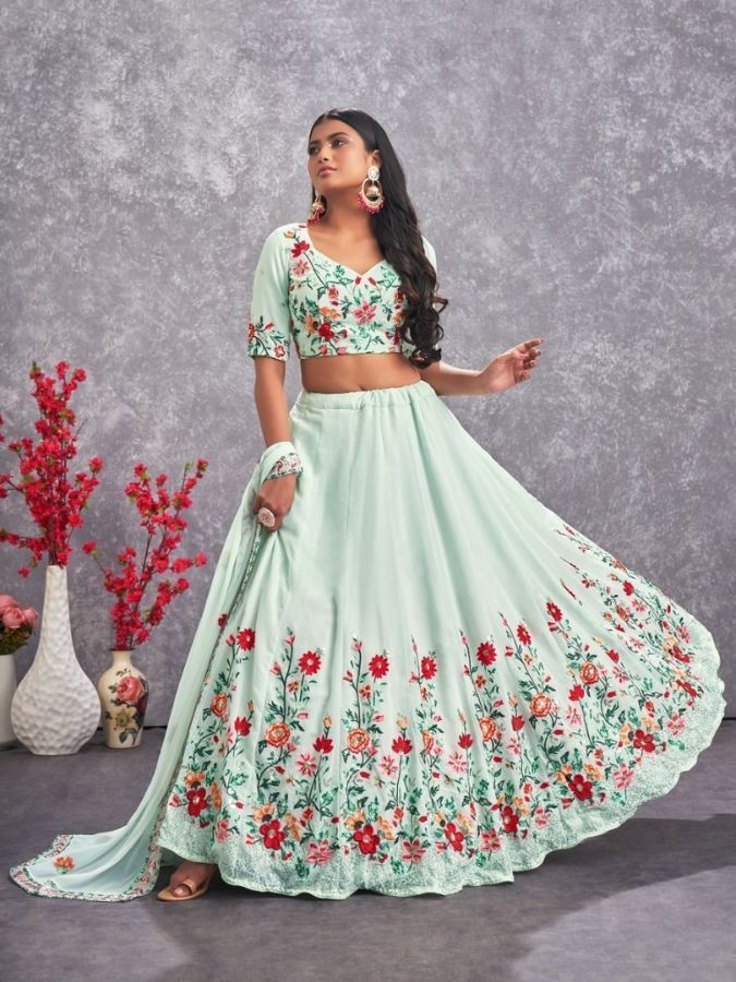 Sea Green Floral Embroidered Georgette Lehenga Choli - Flair