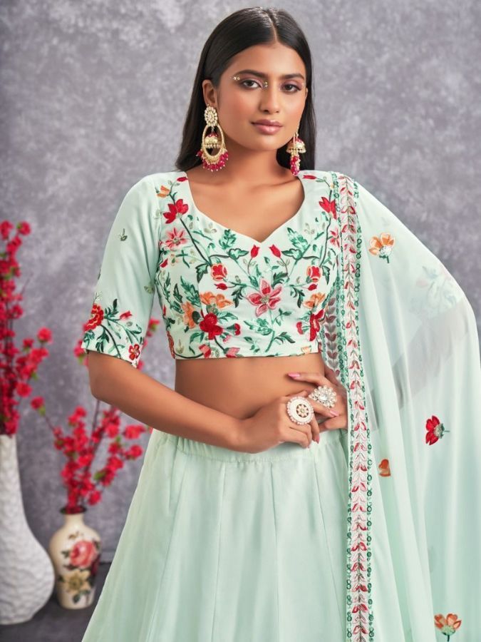 Sea Green Floral Embroidered Georgette Lehenga Choli with Dupatta