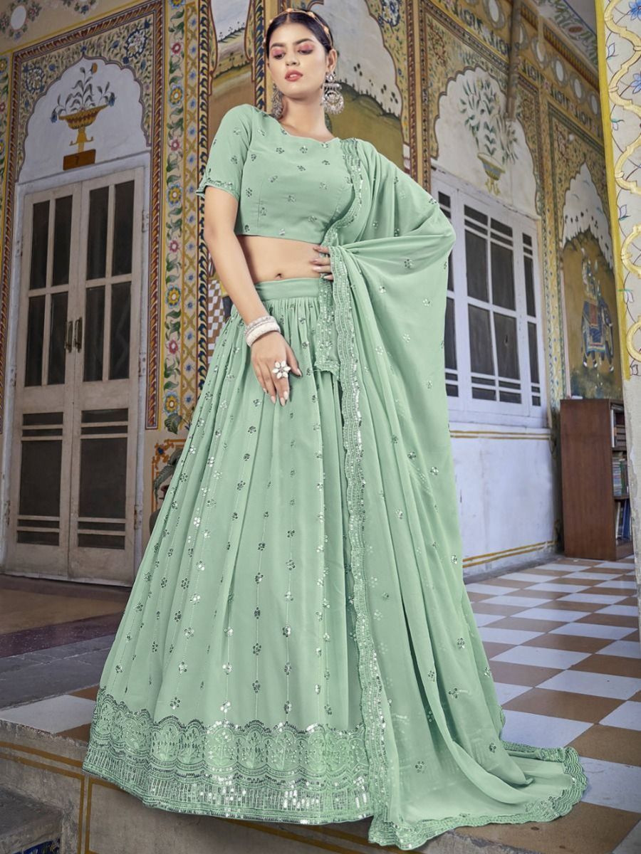 Buy Sea Green Sequins Embroidered Georgette Lehenga Choli Online - AllThingsAboutWedding