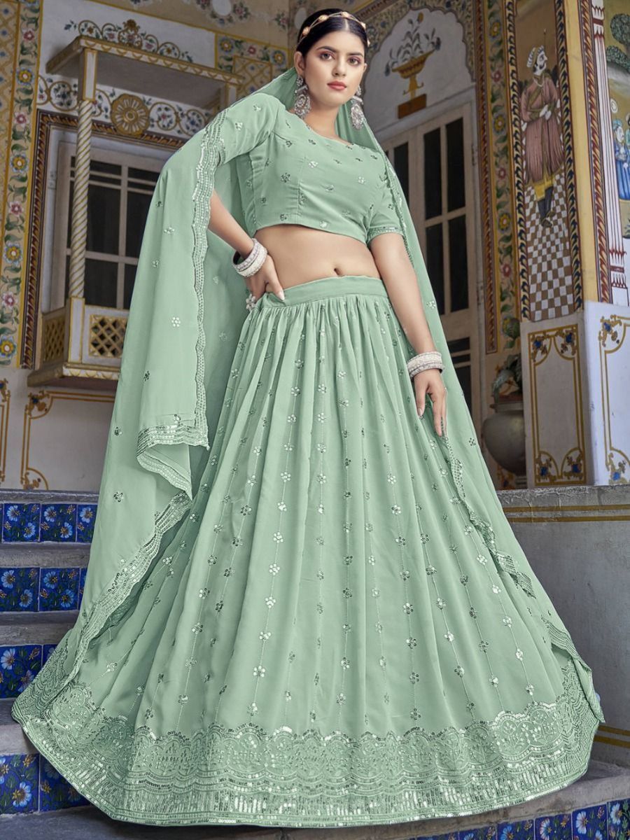 Sea Green Sequins Embroidered Georgette Lehenga Choli with Dupatta