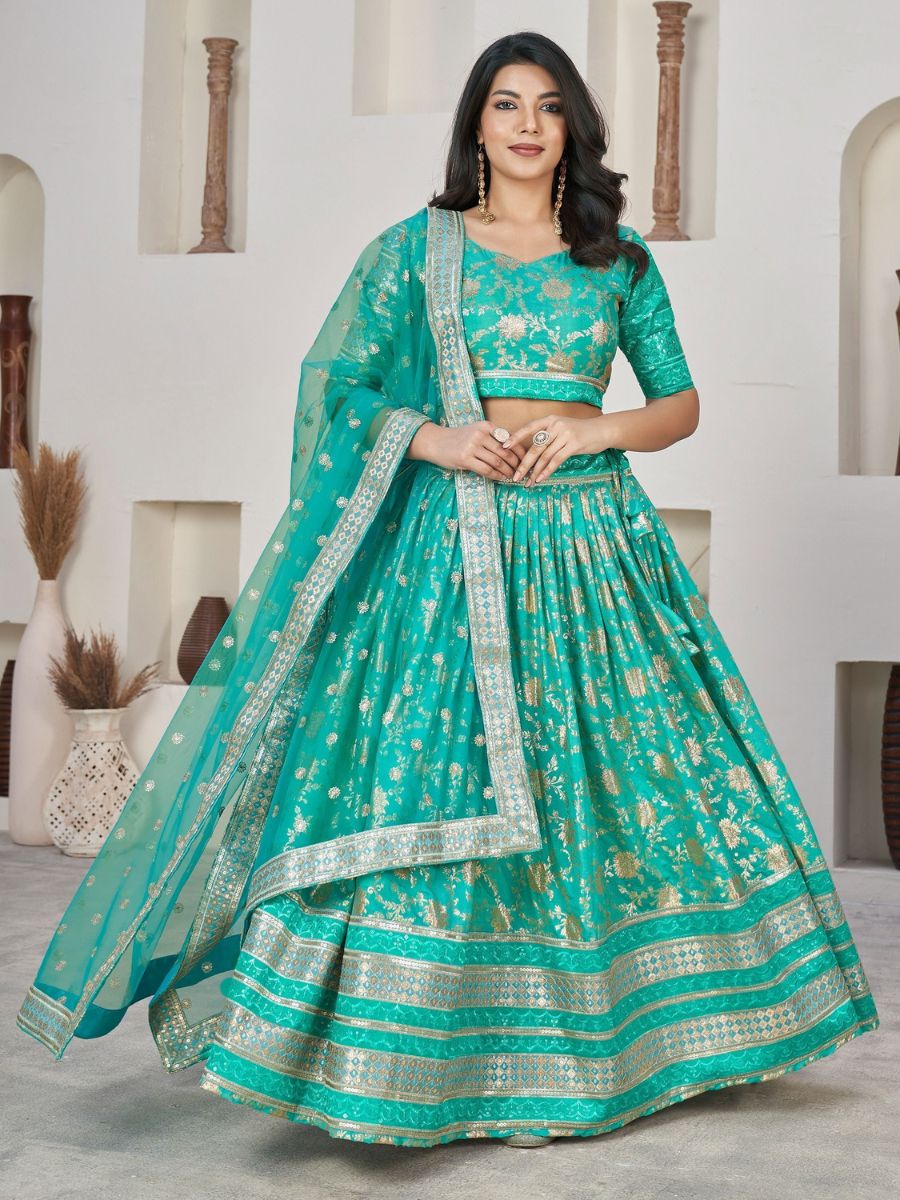 Buy Sea Green Zari Embroidered Banarasi Silk Lehenga Choli Online - AllThingsAboutWedding