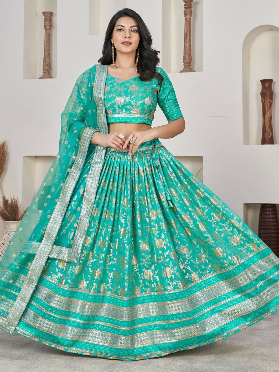 Sea Green Zari Embroidered Banarasi Silk Lehenga Choli - Flair