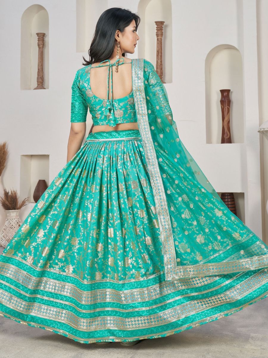 Sea Green Zari Embroidered Banarasi Silk Lehenga Choli - Back Side